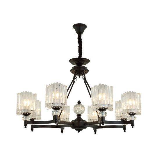 Contemporary Black Cylinder Suspension Lighting with Crystal Rods - 6/8/10 Heads Hanging Lamp Kit, 28"/34.5"/42.5" Wide