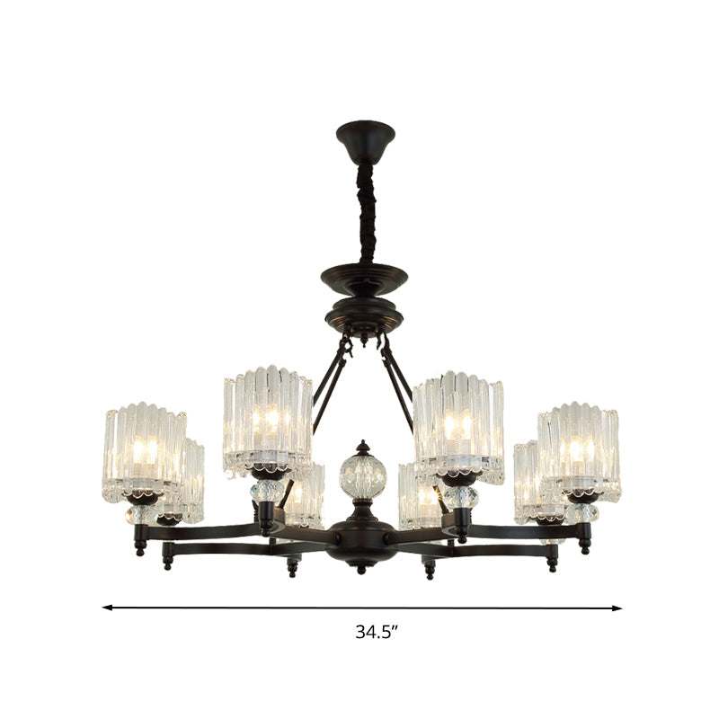 Contemporary Black Cylinder Suspension Lighting with Crystal Rods - 6/8/10 Heads Hanging Lamp Kit, 28"/34.5"/42.5" Wide