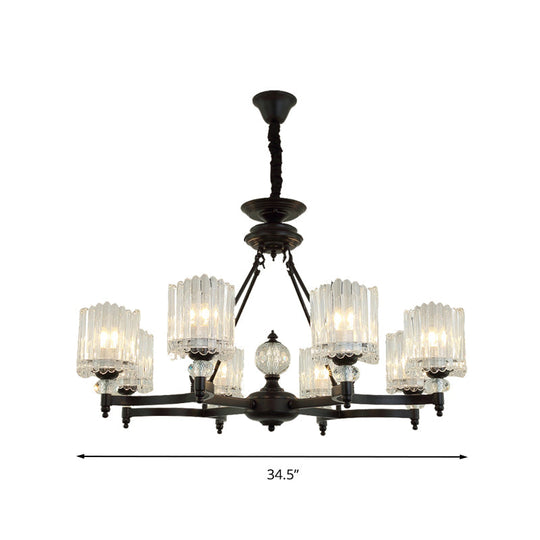 Contemporary Black Cylinder Suspension Lighting with Crystal Rods - 6/8/10 Heads Hanging Lamp Kit, 28"/34.5"/42.5" Wide