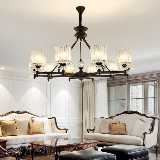 Contemporary Black Cylinder Suspension Lighting with Crystal Rods - 6/8/10 Heads Hanging Lamp Kit, 28"/34.5"/42.5" Wide