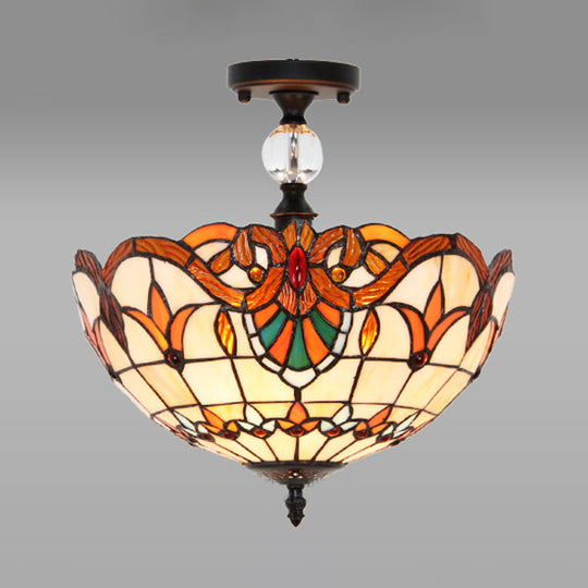 Victorian Bowl Stained Glass Semi Flush Mount Light in Beige - 12"/16" Diameter