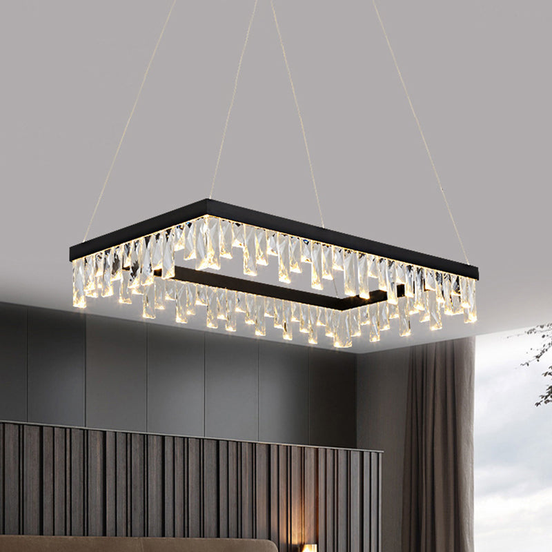 Modern Crystal Block LED Black Chandelier Lighting - Rectangle Hanging Light in 16"/23.5" Width