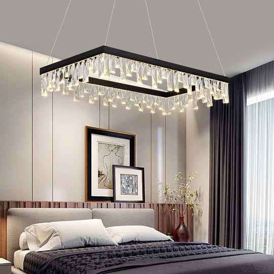 Modern Crystal Block LED Black Chandelier Lighting - Rectangle Hanging Light in 16"/23.5" Width