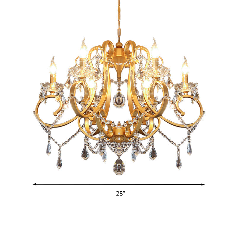 Brass Crystal Drop Chandelier Lamp - Postmodern Pendant Light For Candle Dining Room 6 Heads