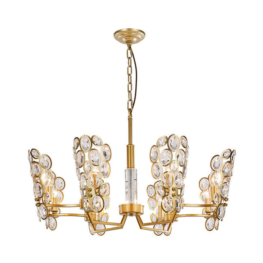 Postmodern Brass Candelabra Pendant Chandelier with Crystal Encrusted Ceiling Suspension – 6 Heads