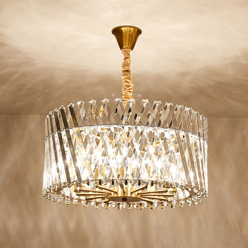 Contemporary Tri-Sided Crystal Rod Drum Ceiling Light Chandelier - 10 Heads Chandelier Fixture