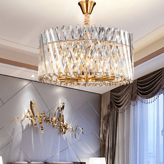 Contemporary Tri-Sided Crystal Rod Drum Ceiling Light Chandelier - 10 Heads Chandelier Fixture