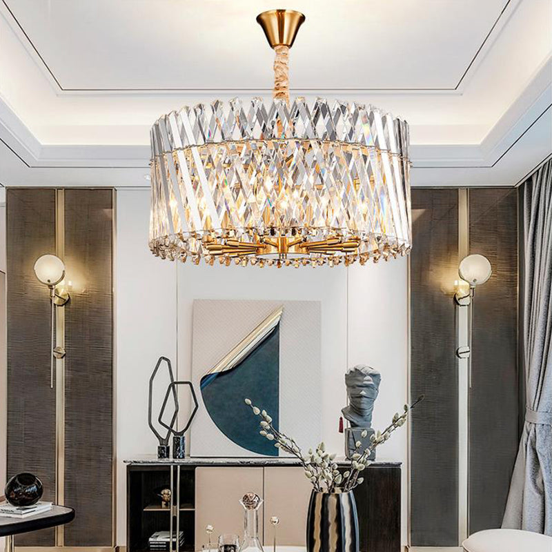 Contemporary Tri-Sided Crystal Rod Drum Ceiling Light Chandelier - 10 Heads Chandelier Fixture