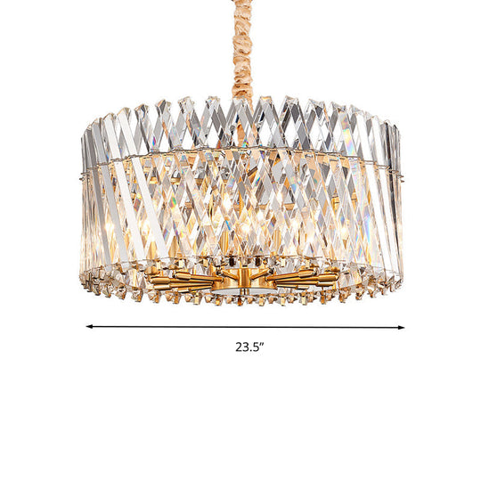 Contemporary Crystal Rod Drum Ceiling Light - Tri-Sided Design 10 Heads Chandelier Fixture