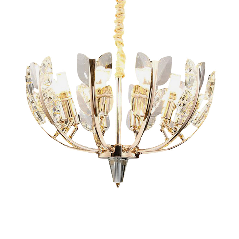 Modern Curved Arm Ceiling Light with Leaf Crystal, 8/10 Heads, Brushed Brass Finish