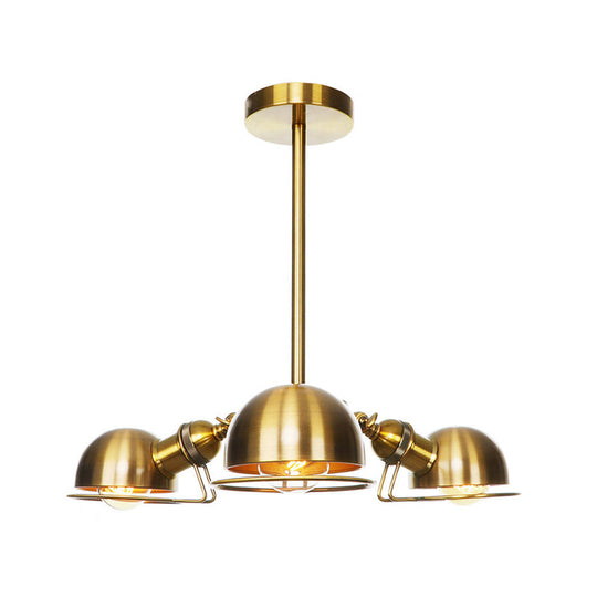 Suspension en forme de dôme de style industriel avec cadre en fil de fer, 3 ampoules, finition noire/laiton