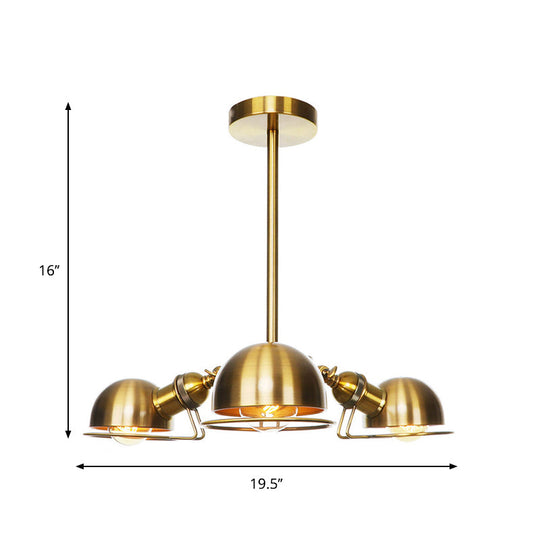 Suspension en forme de dôme de style industriel avec cadre en fil de fer, 3 ampoules, finition noire/laiton