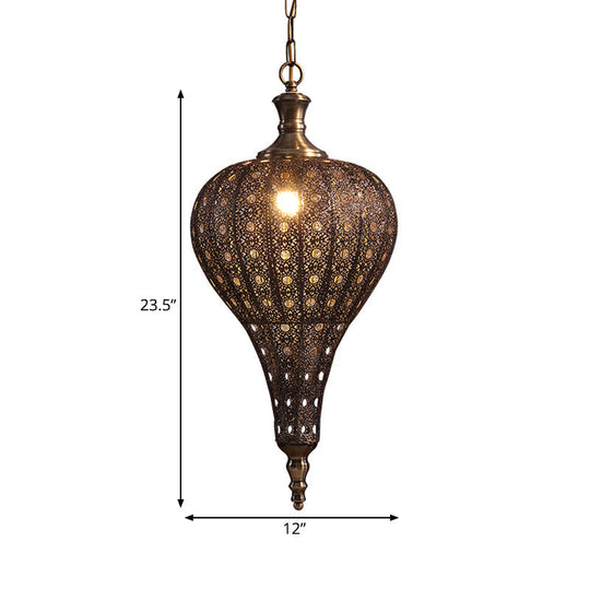 Brass Hollowed Teardrop Hanging Pendant - Retro 1 Light Ceiling Lamp 16/18/19.5 Wide