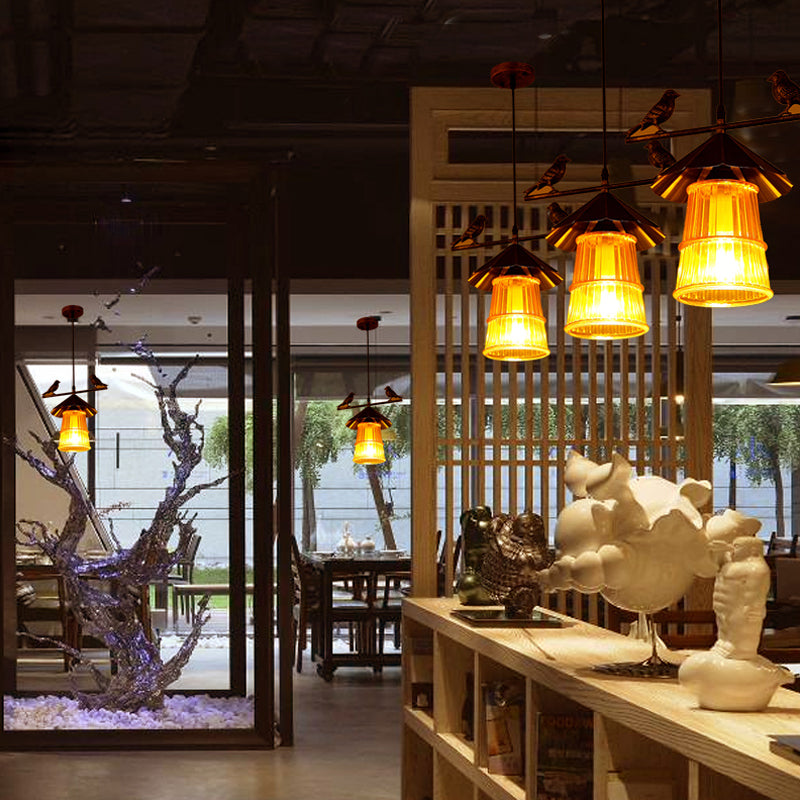 Chinese Style Conical Pendulum Pendant Ceiling Lamp - Bronze Finish With Ribbed Glass Shade