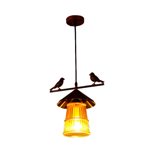 Chinese Style Conical Pendulum Pendant Ceiling Lamp - Bronze Finish With Ribbed Glass Shade