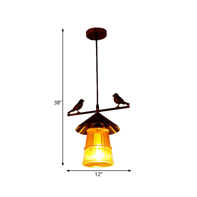 Chinese Style Conical Pendulum Pendant Ceiling Lamp - Bronze Finish With Ribbed Glass Shade