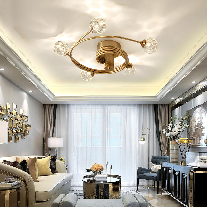 Traditional Cut Crystal Gold Ceiling Mount Light with Curved Metal Arm - 5 Head Ball Semi-Flush Mount Fixture