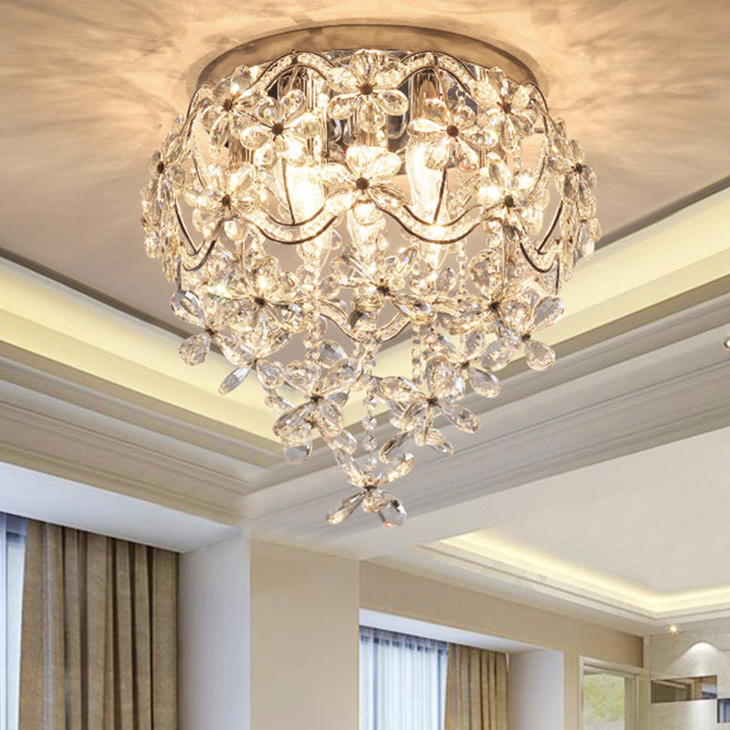 Contemporary Flower Flush Crystal Ceiling Lamp for Bedroom - 6 Heads