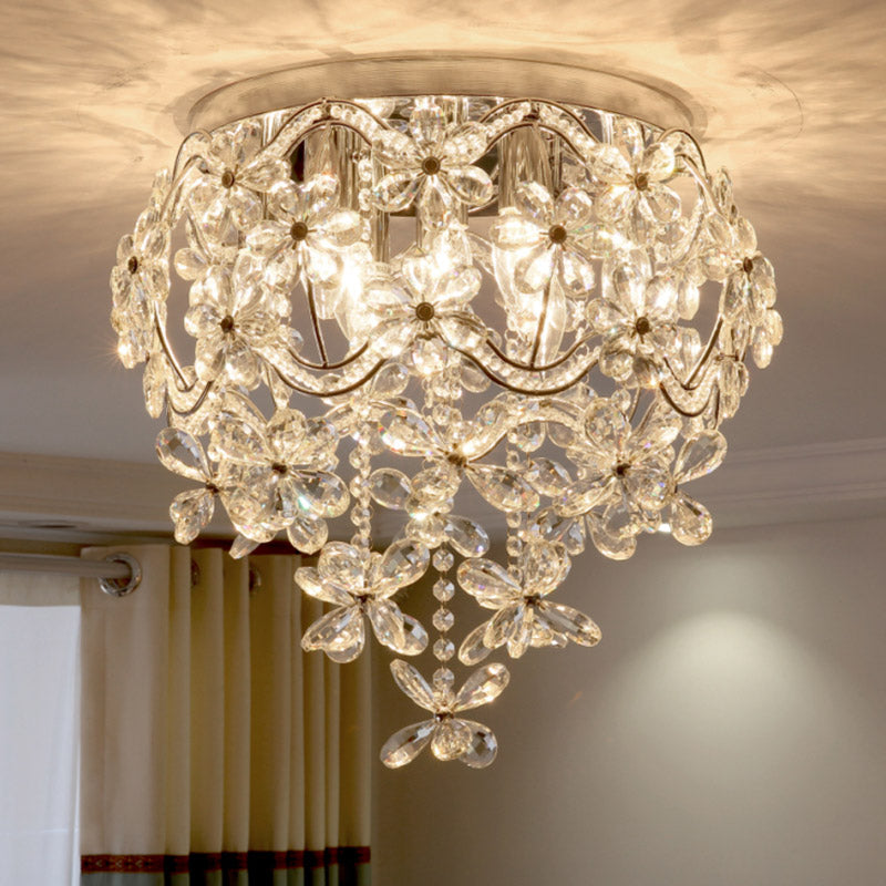 Contemporary Flower Flush Crystal Ceiling Lamp for Bedroom - 6 Heads