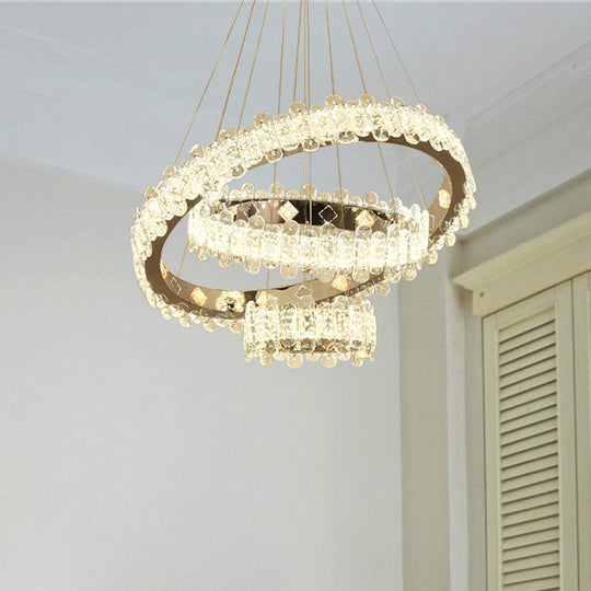 Modern Led Crystal Hanging Chandelier - Nickel Circular Suspension Lighting