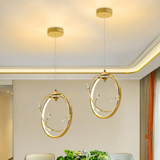 Modern Led Gold Metal Pendant Lamp With Crystal Accent - Circle Design