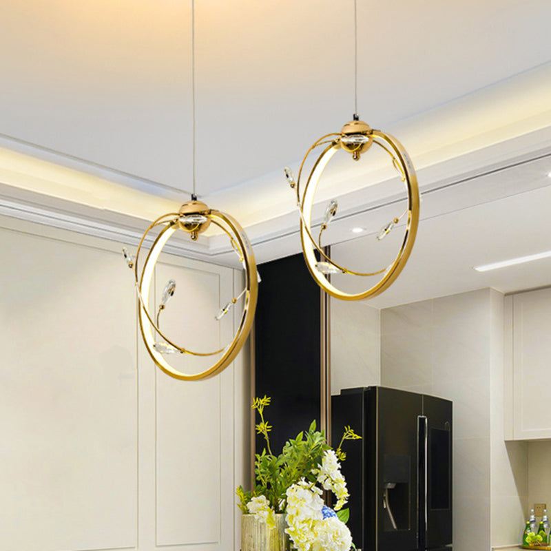 Modern LED Gold Pendant Lamp with K9 Crystal Accent - Circle Metal Hanging Light