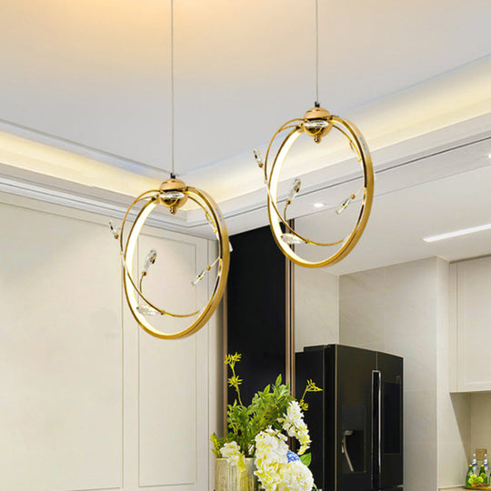 Modern Led Gold Metal Pendant Lamp With Crystal Accent - Circle Design