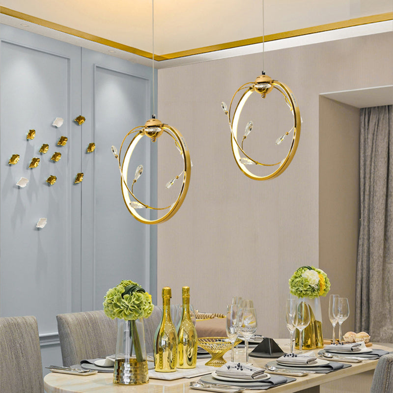 Modern Led Gold Metal Pendant Lamp With Crystal Accent - Circle Design