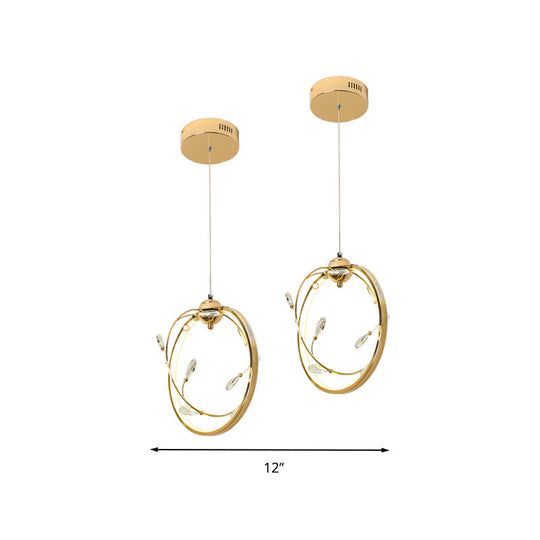 Modern LED Gold Pendant Lamp with K9 Crystal Accent - Circle Metal Hanging Light