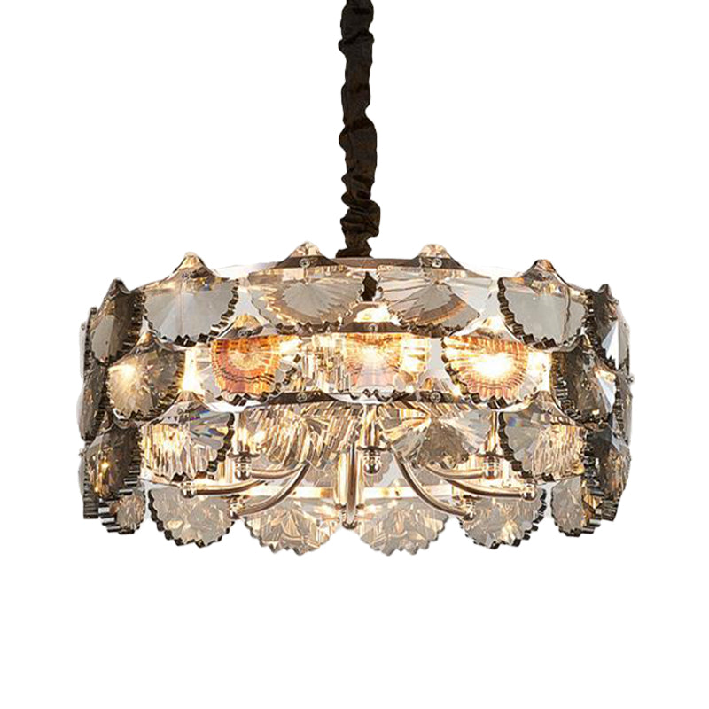 Modern Gray Crystal Block Drum Ceiling Chandelier - 6 Bulb Gold Pendant Lamp