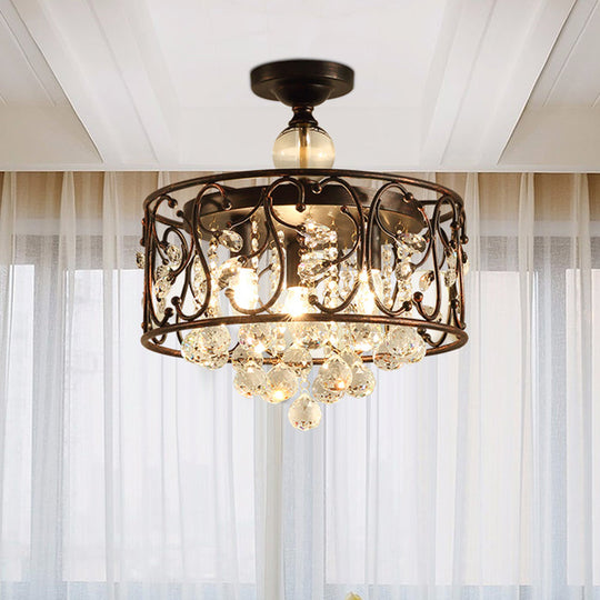 Plafonnier industriel en métal à tambour - Montage semi-encastré en cuivre antique avec boule de cristal - 3 ampoules