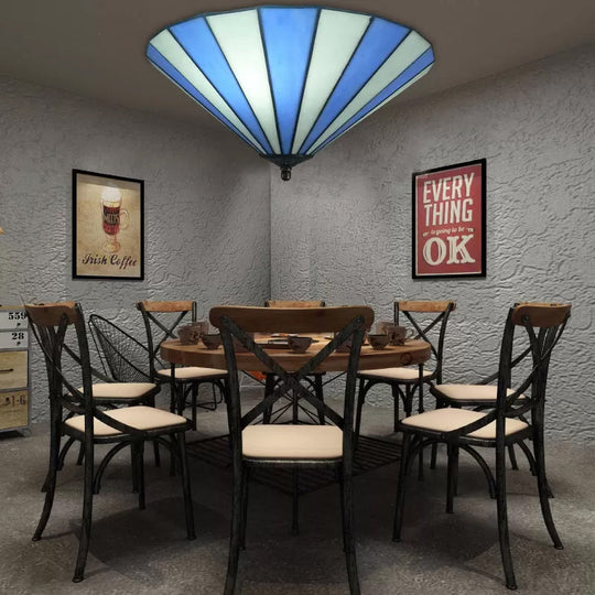 Tiffany-Style Cone Flush Mount Ceiling Light in Blue/White for Bedroom