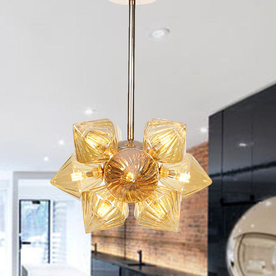 Stylish Farmhouse Chandelier Lamp: Diamond Amber/Clear Glass, 9/12 Heads, Copper/Gold Finish