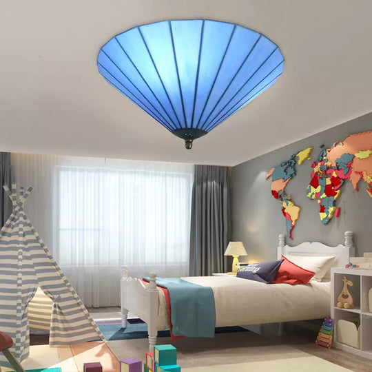 Tiffany-Style Cone Flush Mount Ceiling Light in Blue/White for Bedroom