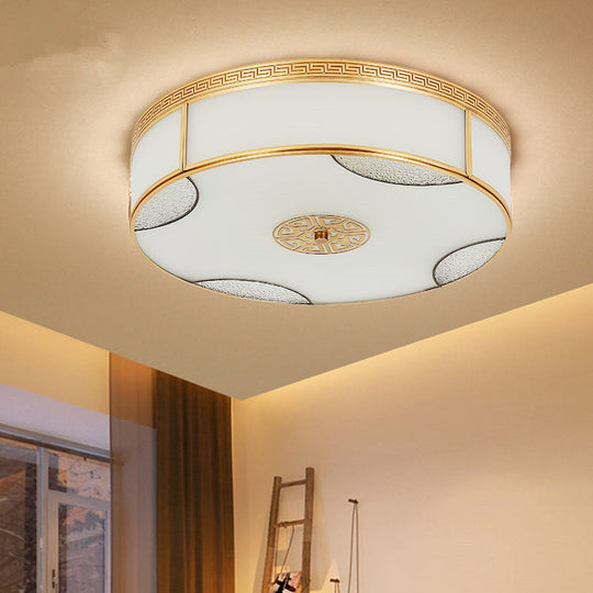 Chinese Style Drum Ceiling Light - 14"/18"/21.5" W - 3/4/6-Light - Matte White Glass - Brass Flushmount