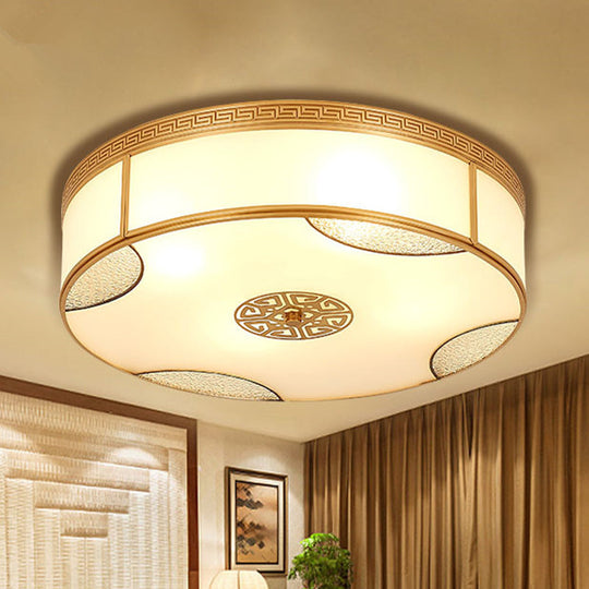Chinese Style Drum Ceiling Light - 14"/18"/21.5" W - 3/4/6-Light - Matte White Glass - Brass Flushmount