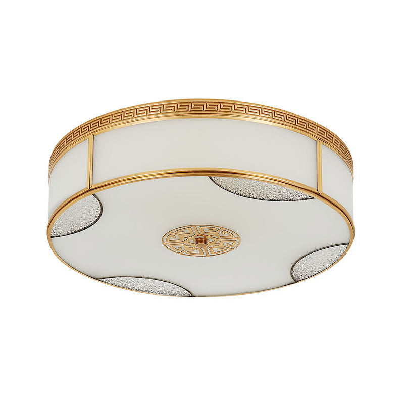 Chinese Style Drum Ceiling Light - 14"/18"/21.5" W - 3/4/6-Light - Matte White Glass - Brass Flushmount