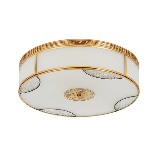Chinese Style Drum Ceiling Light - 14"/18"/21.5" W - 3/4/6-Light - Matte White Glass - Brass Flushmount