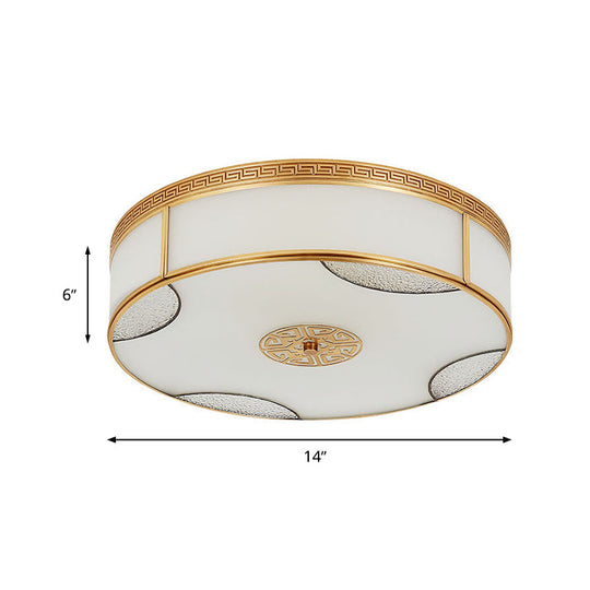 Chinese Style Drum Ceiling Light - 14"/18"/21.5" W - 3/4/6-Light - Matte White Glass - Brass Flushmount