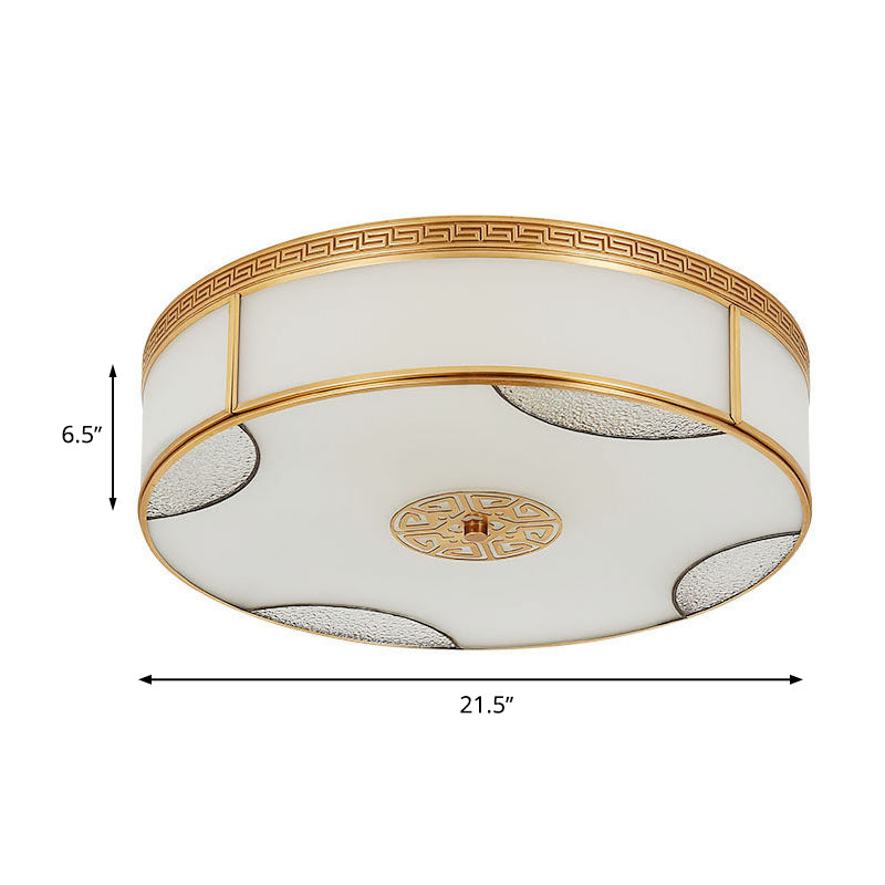 Chinese Style Drum Ceiling Light - 14"/18"/21.5" W - 3/4/6-Light - Matte White Glass - Brass Flushmount