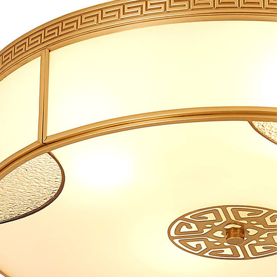 Chinese Style Drum Ceiling Light - 14"/18"/21.5" W - 3/4/6-Light - Matte White Glass - Brass Flushmount