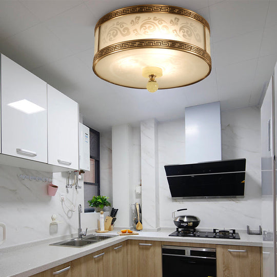 Chinese Style Brass Finish Flush Ceiling Mount Light With Frosted Glass - 2/3/4 Lights Drum Shape