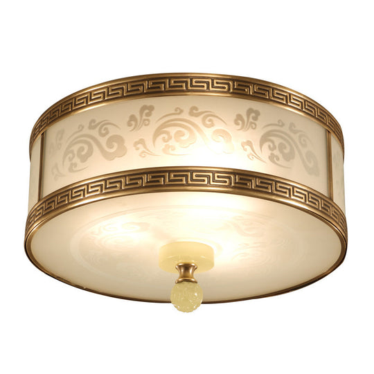 Chinese Style Brass Finish Flush Ceiling Mount Light with Frosted Glass - 2/3/4 Lights, Drum Shape, 11.5"/13"/17" Dia