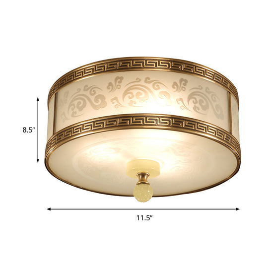 Chinese Style Brass Finish Flush Ceiling Mount Light With Frosted Glass - 2/3/4 Lights Drum Shape