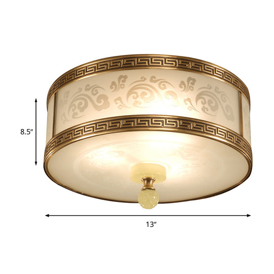 Chinese Style Brass Finish Flush Ceiling Mount Light with Frosted Glass - 2/3/4 Lights, Drum Shape, 11.5"/13"/17" Dia