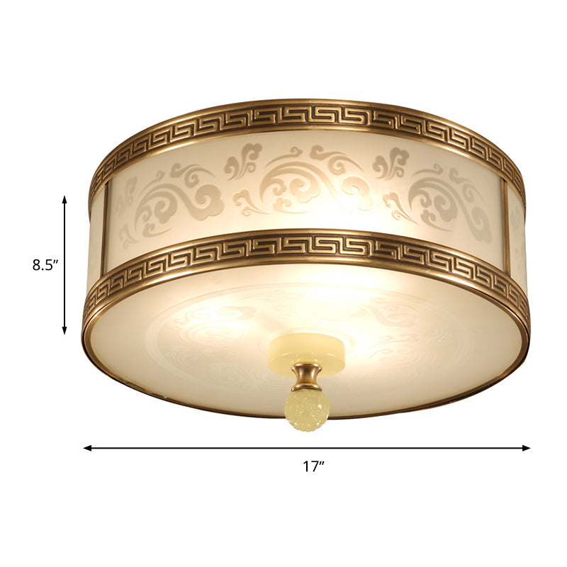 Chinese Style Brass Finish Flush Ceiling Mount Light with Frosted Glass - 2/3/4 Lights, Drum Shape, 11.5"/13"/17" Dia