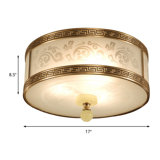 Chinese Style Brass Finish Flush Ceiling Mount Light with Frosted Glass - 2/3/4 Lights, Drum Shape, 11.5"/13"/17" Dia