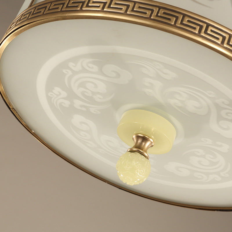 Chinese Style Brass Finish Flush Ceiling Mount Light with Frosted Glass - 2/3/4 Lights, Drum Shape, 11.5"/13"/17" Dia