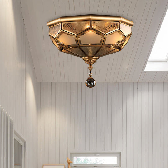 Chinese Style Opal Glass Dome Ceiling Lighting, Brass Finish Flush Mount Light for Bedroom - 3/4-Light, 14"/18" Width