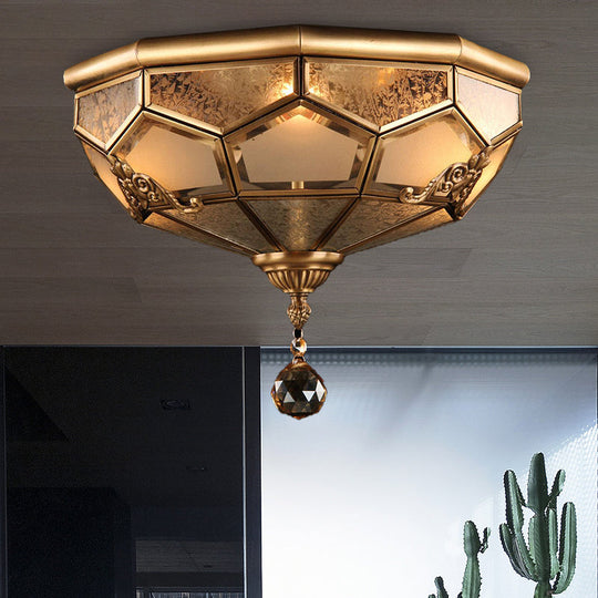 Chinese Style Opal Glass Dome Ceiling Lighting, Brass Finish Flush Mount Light for Bedroom - 3/4-Light, 14"/18" Width